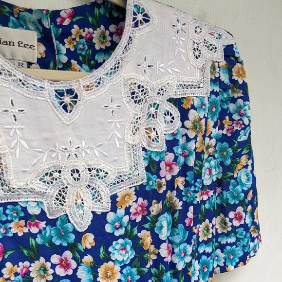 VINTAGE Adrian Lee ditsy floral lace collar dress cottagecore - Picture 9 of 11